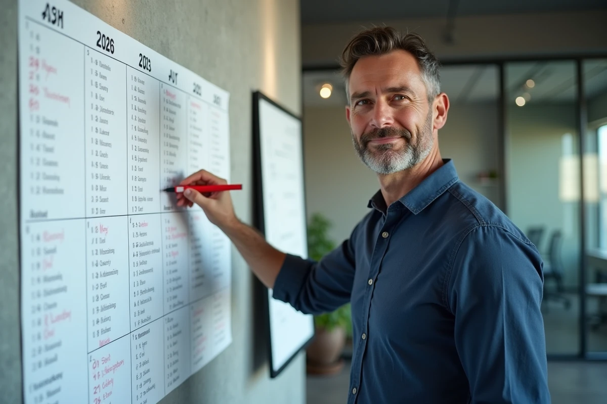 Homme entourant les jours fériés 2026 sur un grand calendrier mural dans un bureau professionnel