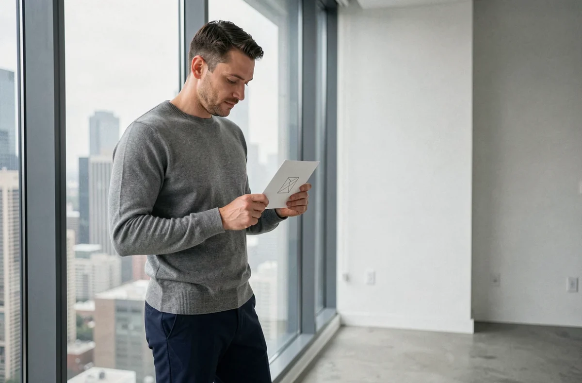 Homme tenant une carte d'anniversaire minimaliste devant une fenêtre avec vue sur la ville