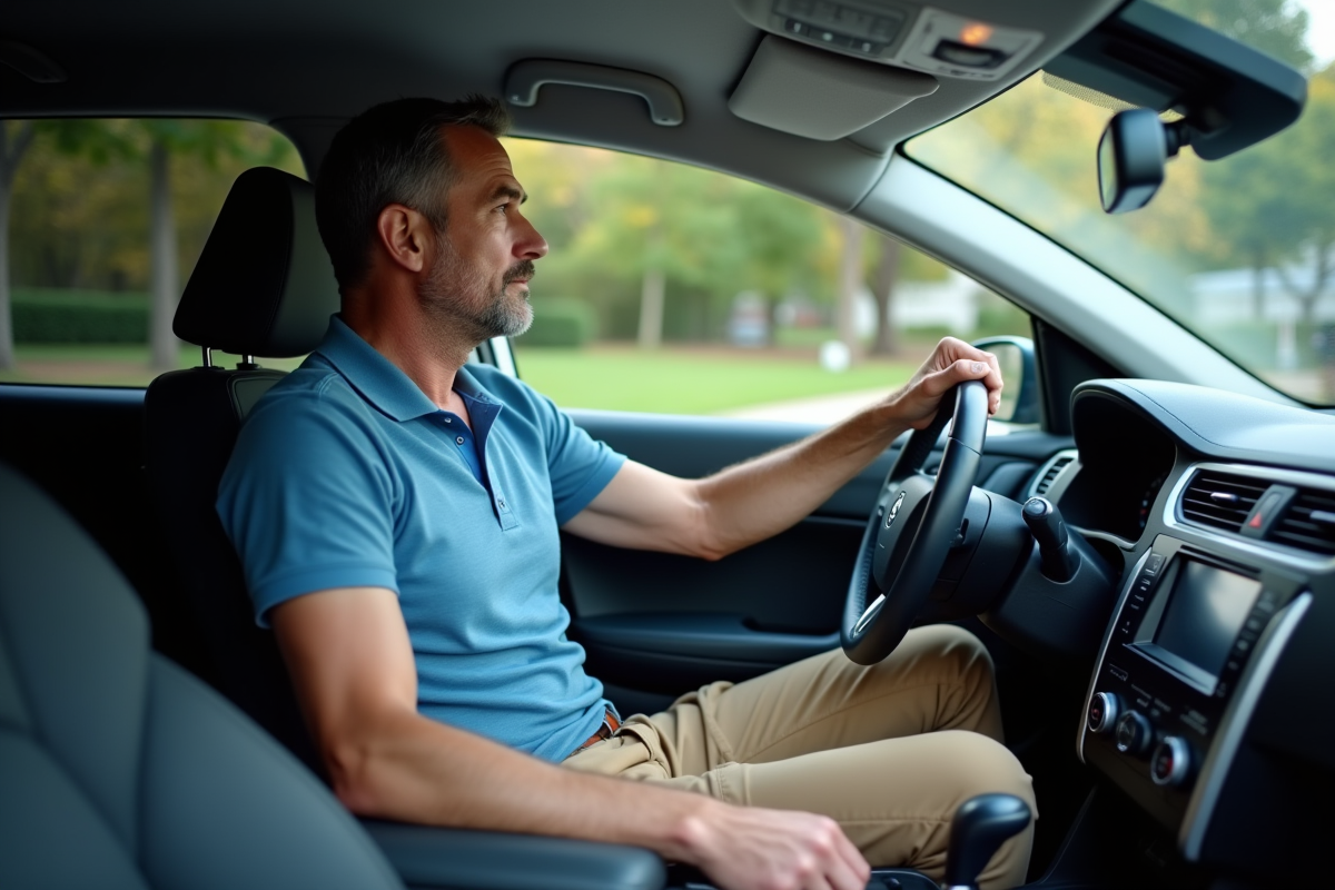 Homme d'âge moyen au volant d'une voiture automatique