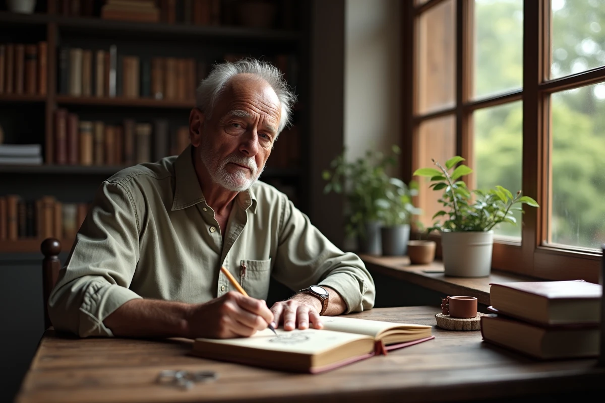 Homme âgé esquissant un papillon dans un journal