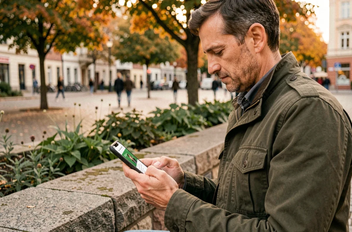 Homme effectuant un don en ligne via son smartphone dans un espace urbain extérieur en automne