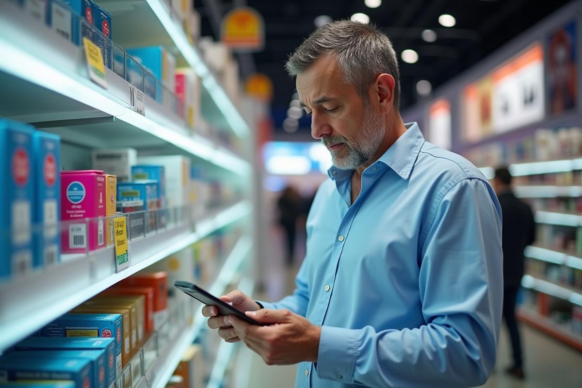 Homme espagnol regardant prix d'encre dans un magasin