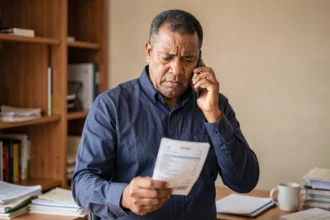 Homme consultant sa facture téléphonique avant d'appeler en Algérie depuis la France