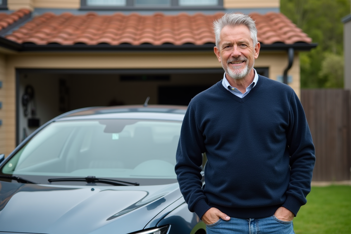Homme d'âge moyen avec sa voiture familiale dans la cour