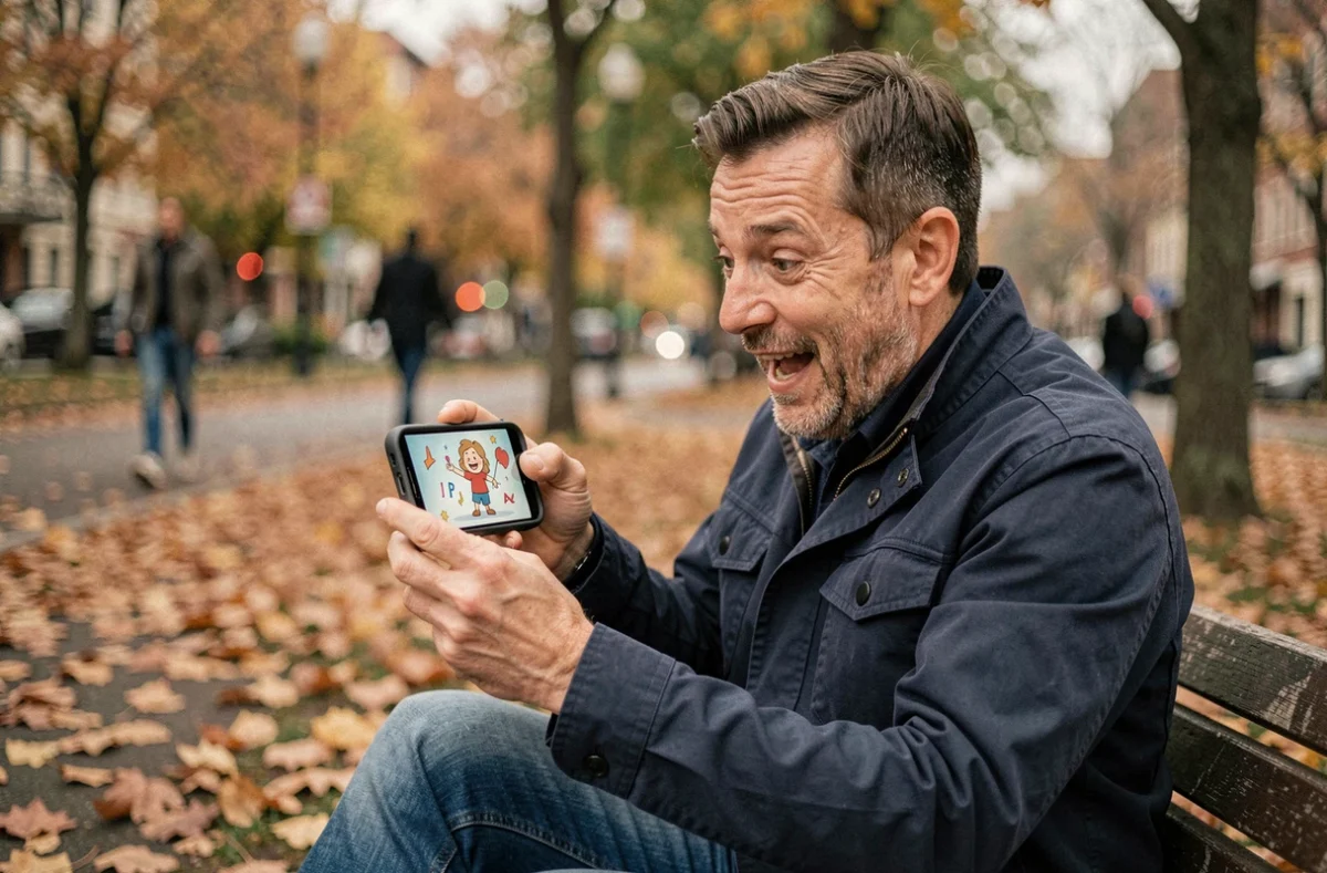 Homme regardant un GIF animé musical d'anniversaire sur son smartphone dans un parc en automne avec une expression de surprise
