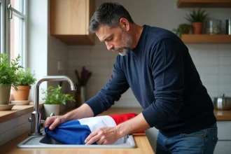 Homme lavant un drapeau breton dans la cuisine