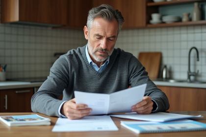 Homme d'âge moyen lisant des documents immobiliers