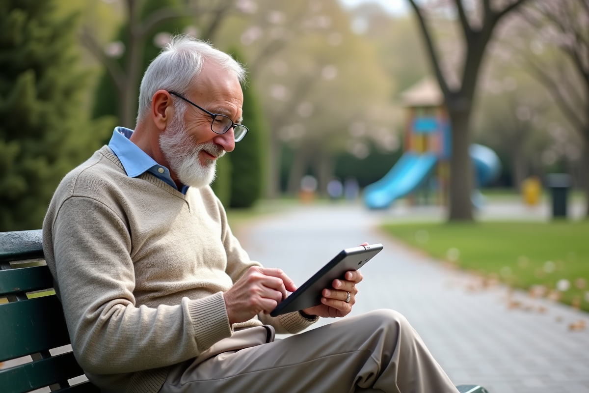 Homme âgé lisant sur une tablette dans un parc urbain