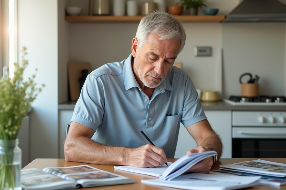 Homme âgé étudiant des brochures de maisons