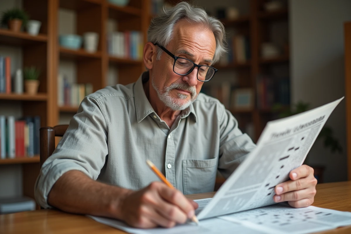 Homme résolvant des mots croisés avec un crayon, cherchant une ville du Nevada en 4 lettres dans un journal posé sur une table en bois