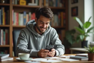 Jeune homme organisant ses lectures manga avec une application de suivi sur smartphone, entouré de volumes manga et de notes manuscrites sur un bureau en bois