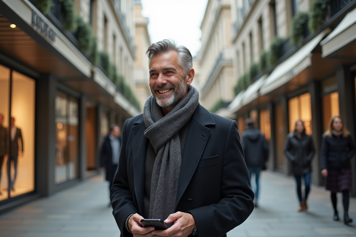 Homme en manteau dans une place urbaine animée