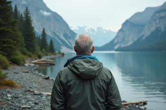 Homme en plein air regardant un fjord en Alaska