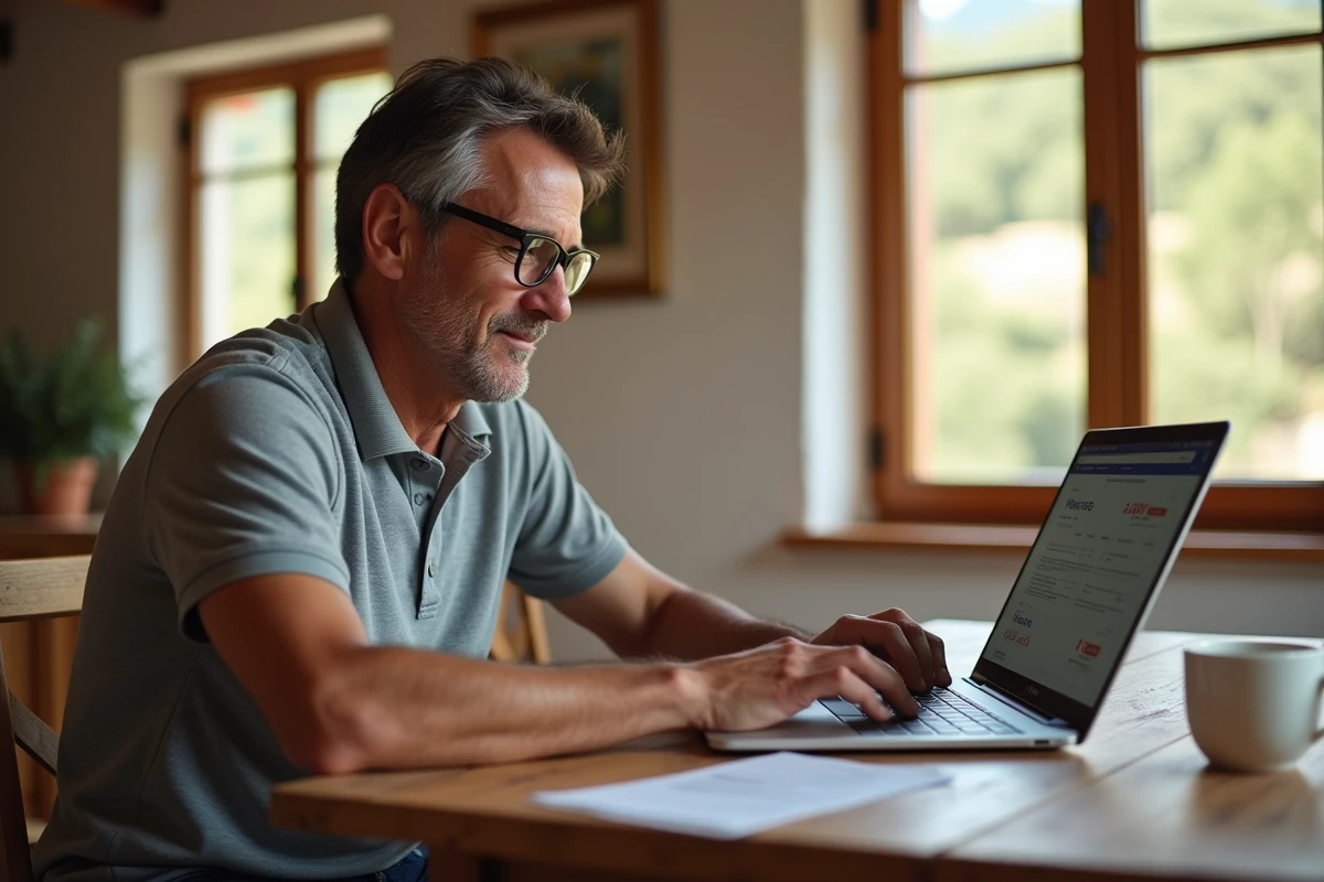 Homme recherchant des promotions Lidl en ligne depuis une cuisine méditerranéenne en Corse