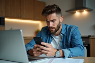 Homme dans sa trentaine utilisant son smartphone à la maison