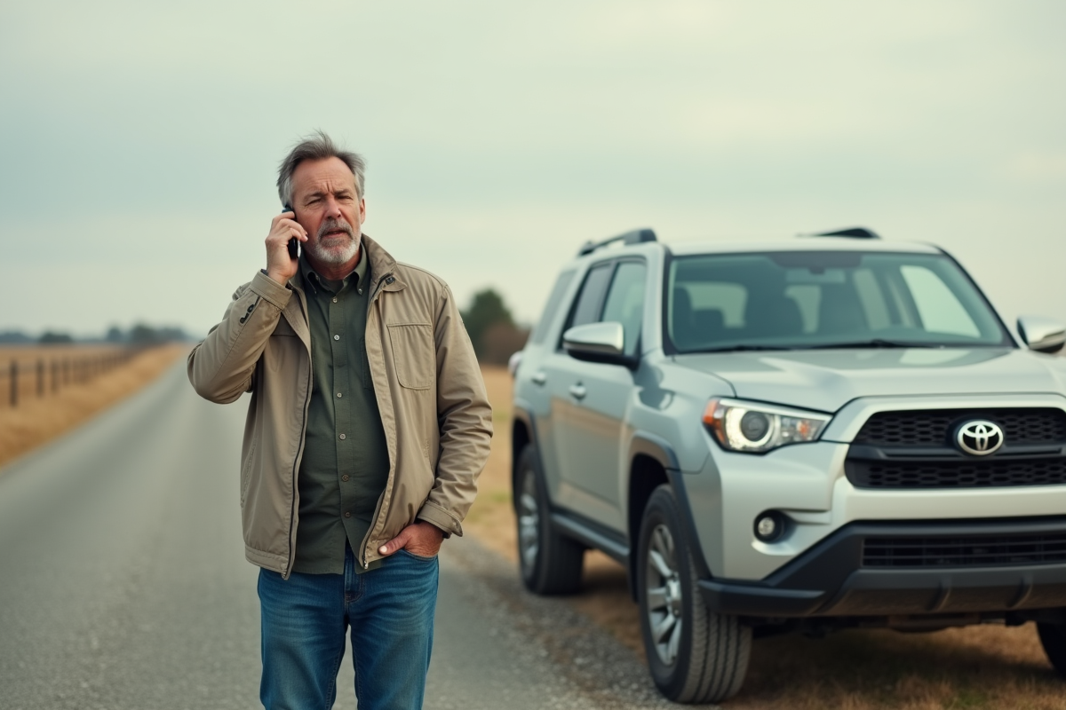 Homme en jean téléphone à la campagne avec SUV