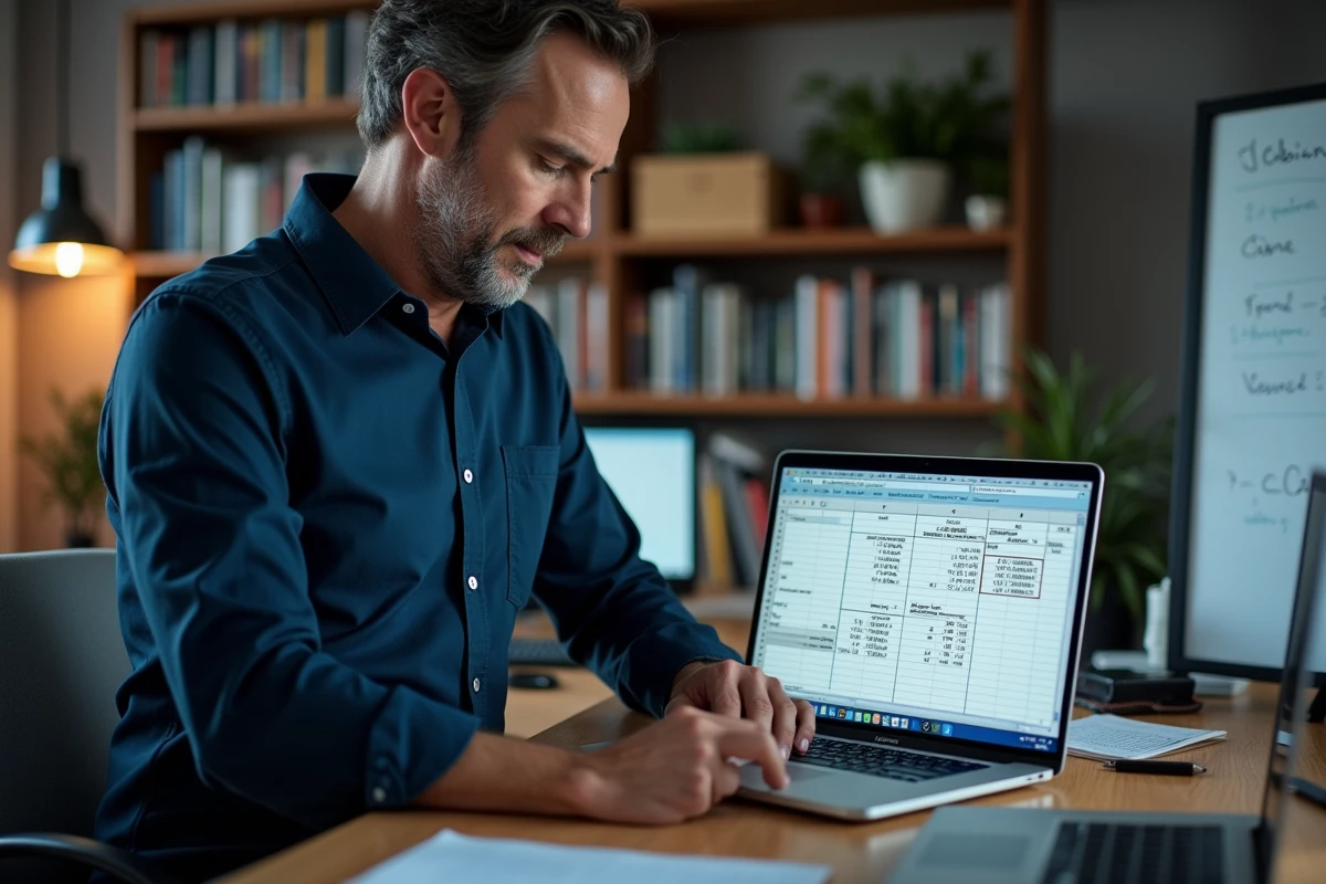 Homme travaillant sur un convertisseur de volume cm3 en litres dans un tableur Excel depuis un bureau à domicile