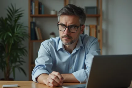 Homme pensif au bureau avec ordinateur pour recherche d'emploi