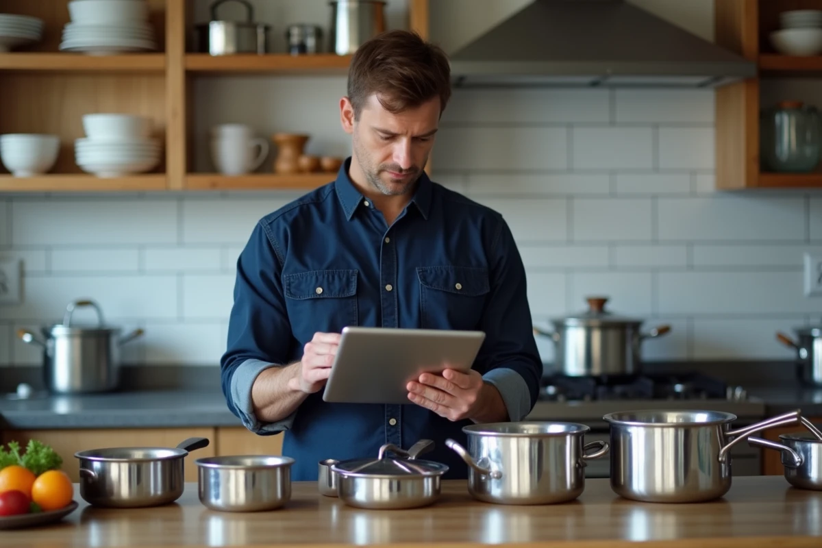Homme comparant des ustensiles en inox à prix abordable dans une cuisine moderne avec tablette