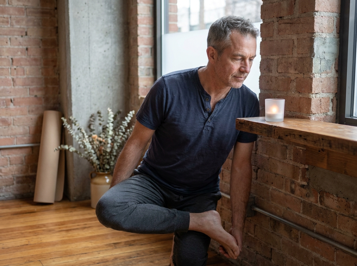 Homme pratiquant une posture de yoga les yeux ouverts, unissant conscience du regard et pratique spirituelle