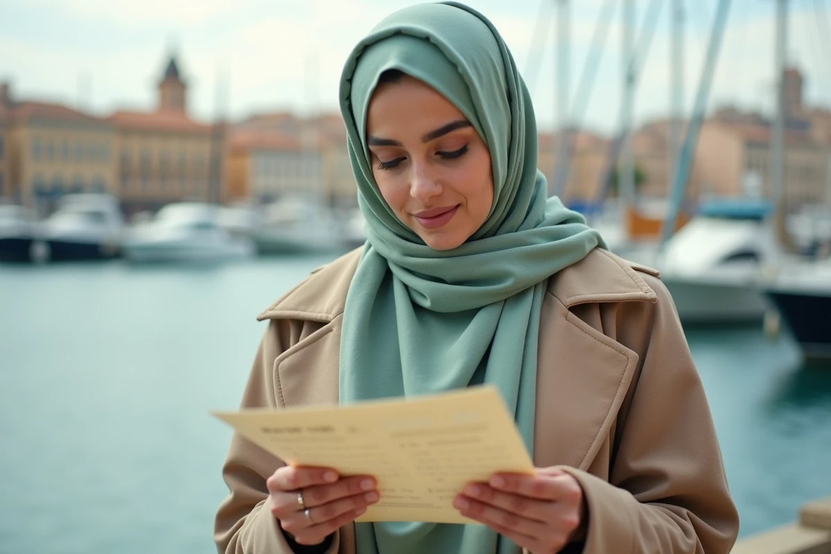 Femme consultant l'horaire des prières à Marseille devant le Vieux-Port