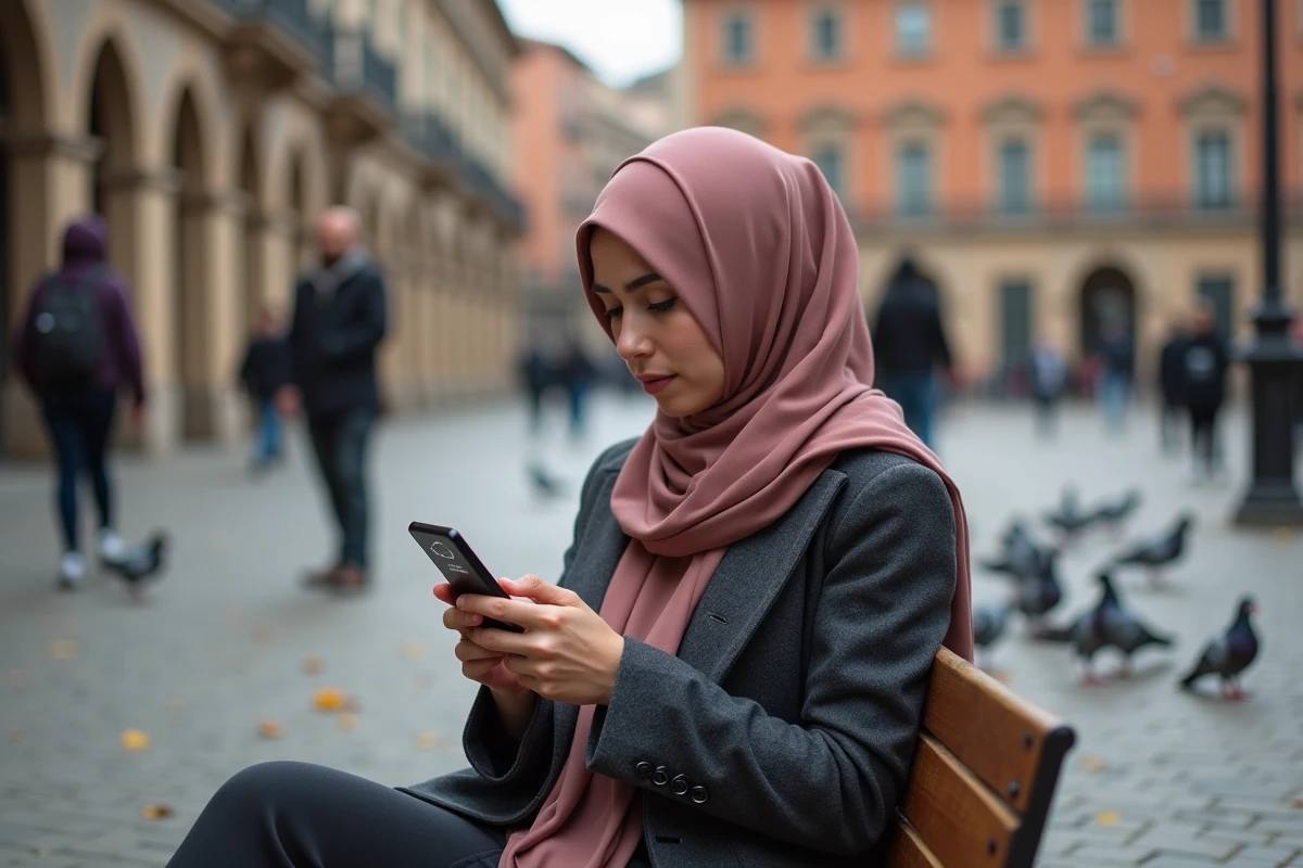 Femme musulmane consultant les horaires de prière en temps réel sur smartphone à Toulouse