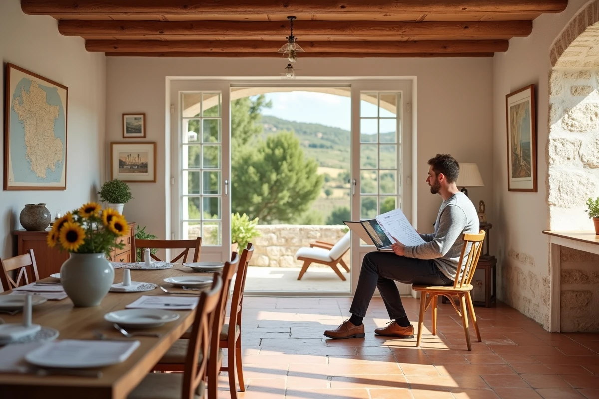 Intérieur rénové d'une maison gasconne typique à Eauze dans le Gers, poutres apparentes et tomettes au sol, homme étudiant un projet d'investissement immobilier