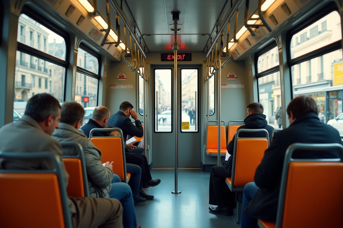 Intérieur d'une rame de tramway T3B en circulation avec passagers et affichage des arrêts