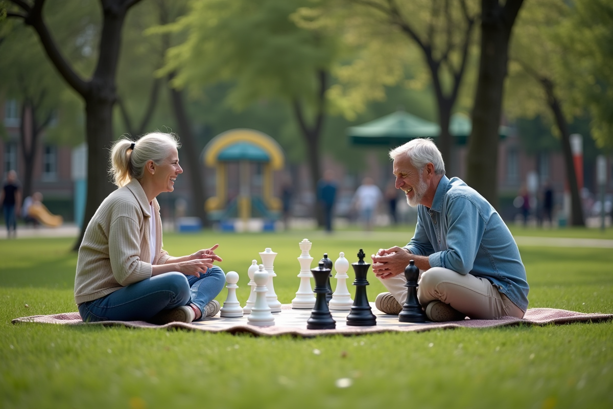 Adultes jouant aux échecs dans un parc urbain