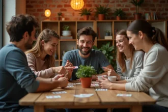 Groupe de jeunes adultes jouant au jeu du Palmier autour d'une table conviviale avec cartes et gobelets