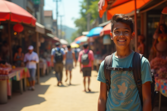Jeune backpacker dans un marché coloré en Asie du Sud-Est