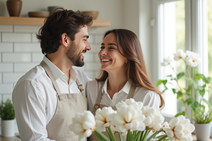Jeune couple riant dans une cuisine lumineuse et moderne