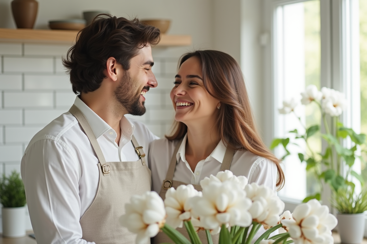 Jeune couple riant dans une cuisine lumineuse et moderne