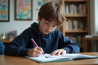 Adolescent en train d'écrire un A majuscule dans un cahier
