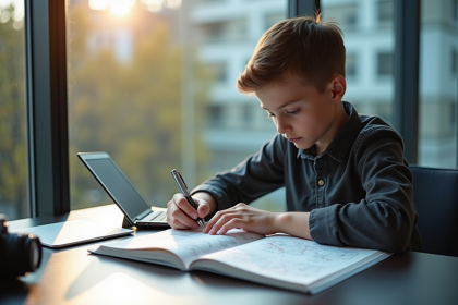 Jeune étudiant étudiant des livres d'électronique lumineux