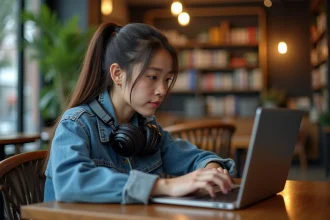 Jeune femme en café recherchant anime sur son laptop