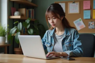 Jeune femme au bureau naviguant sur un site de chanteurs