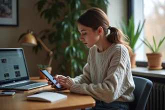 Jeune femme en intérieur tapant sur son smartphone dans un bureau moderne
