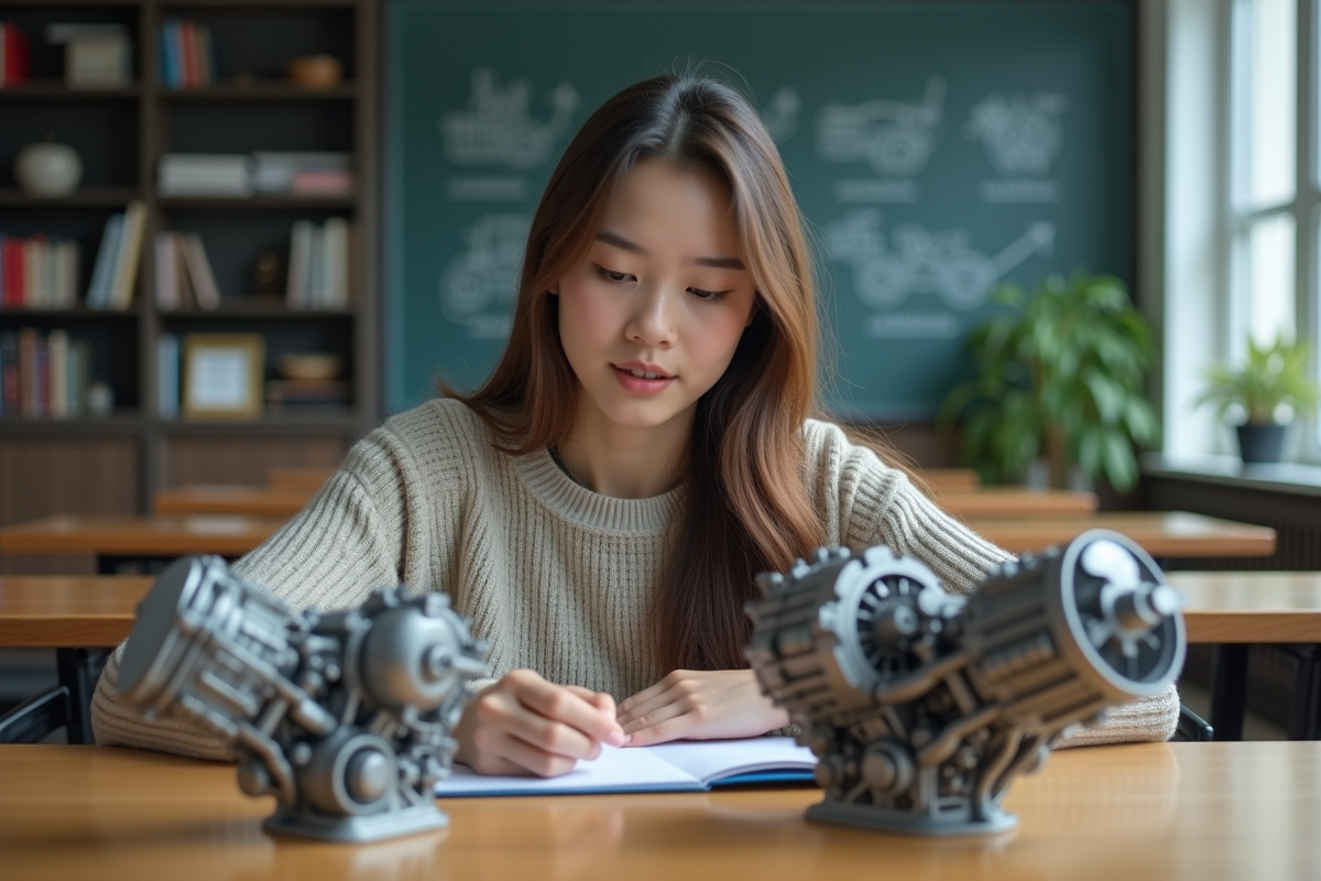 Étudiante en ingénierie examinant modèles de moteurs