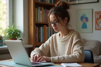 Jeune femme concentrée sur son ordinateur portable dans sa chambre