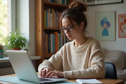 Jeune femme concentrée sur son ordinateur portable dans sa chambre