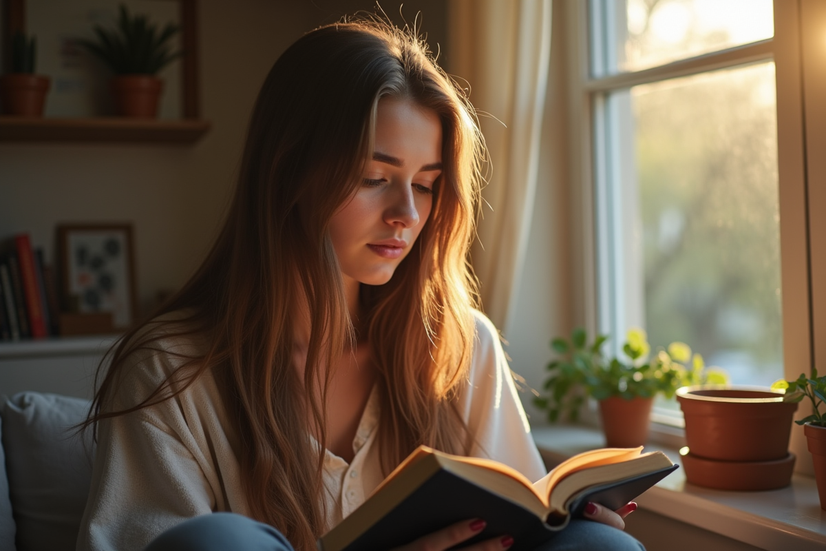 Jeune femme lisant un livre dans un salon lumineux