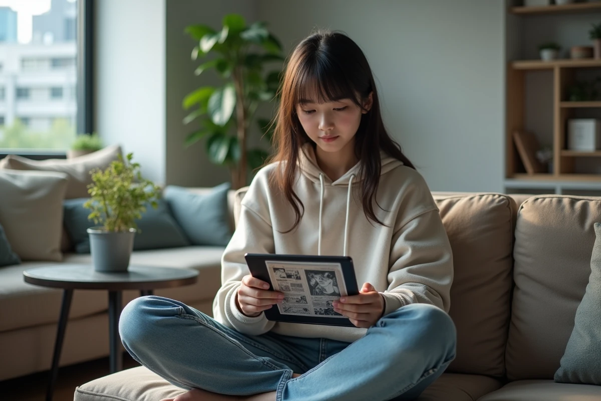 Jeune femme compare manga papier et numérique