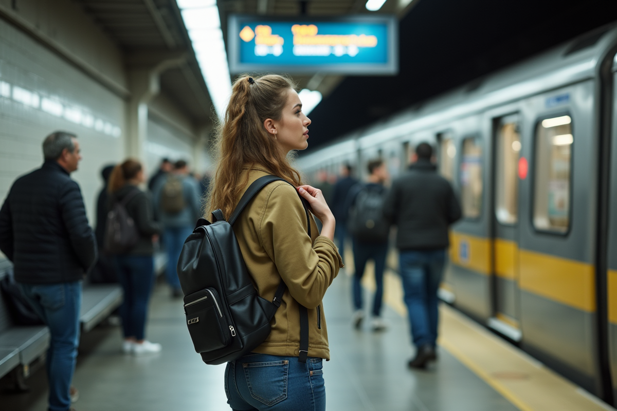 Jeune femme dans le métro regardant l