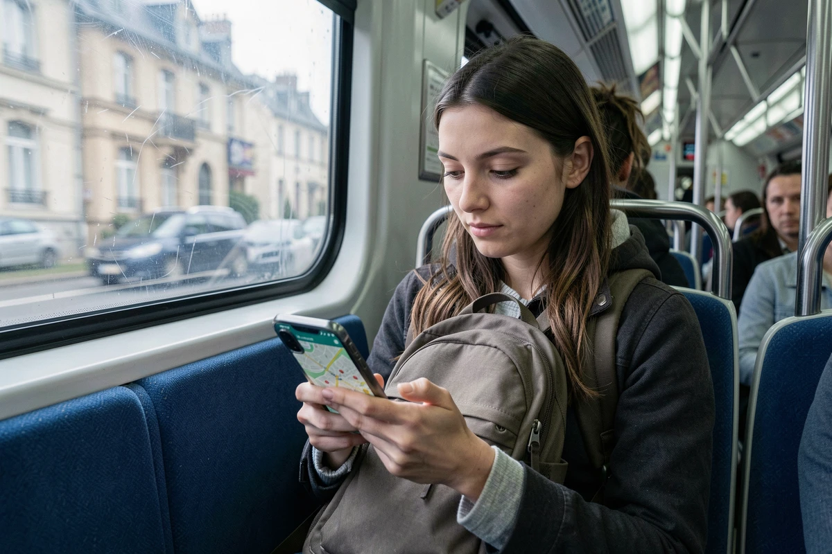 Jeune femme dans un RER parisien consultant en temps réel les informations de trajet RATP sur son téléphone