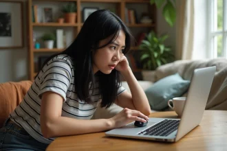 Jeune femme anxieuse devant son ordinateur à la maison