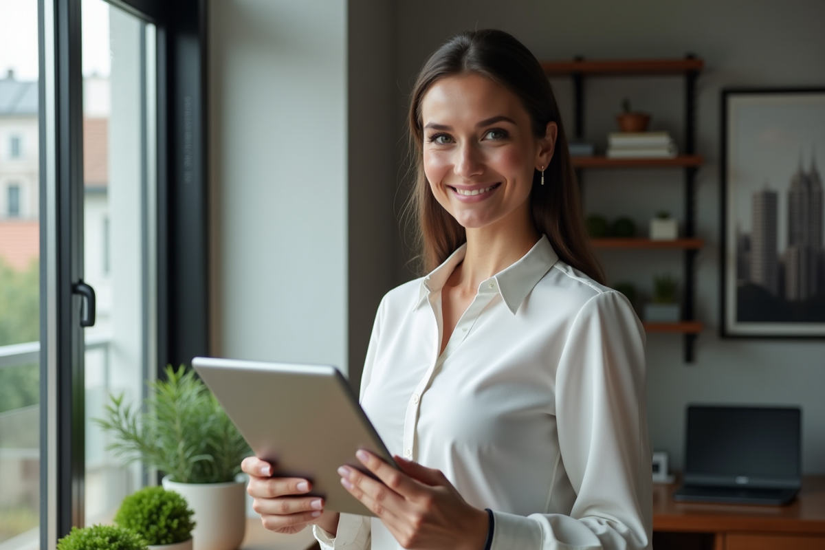 Jeune femme tenant une tablette avec un tableau de location
