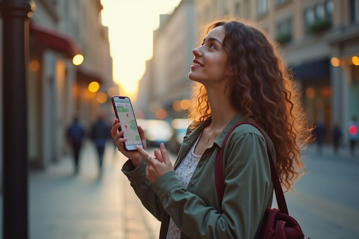 Jeune femme dans la ville regardant le ciel avec smartphone
