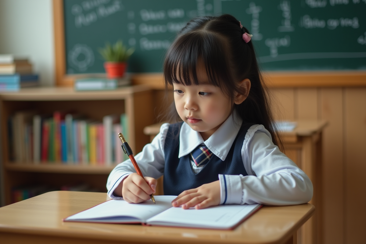 Jeune fille en uniforme scolaire écrivant en classe
