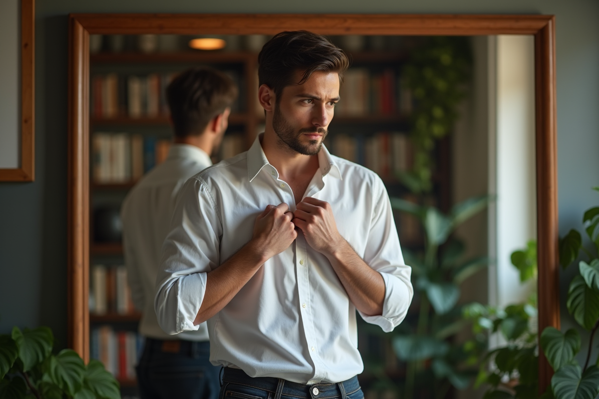 Jeune homme ajustant sa chemise dans un bureau cosy